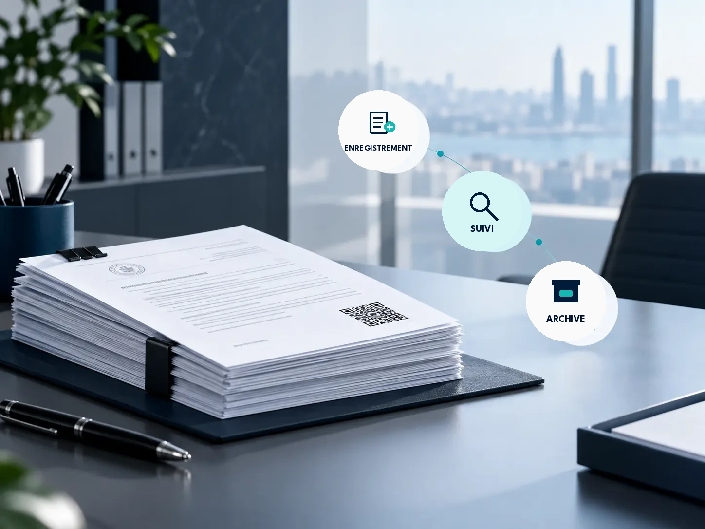 Visuel GalaksiDoc représentant l’enregistrement, le suivi et l’archivage de documents par QR code